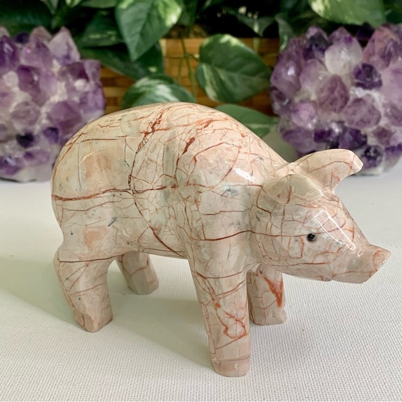 Large Pink Marble Carved Pig Figurine Farm Animal Polished Stone Swine 5" 539g - Picture 2 of 16